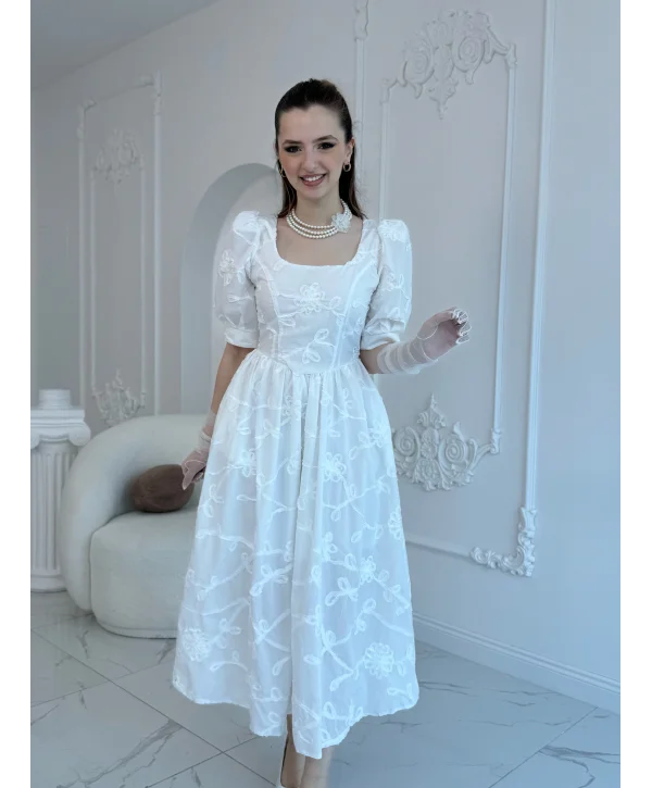 Balon Kollu Brode Elbise Ekru