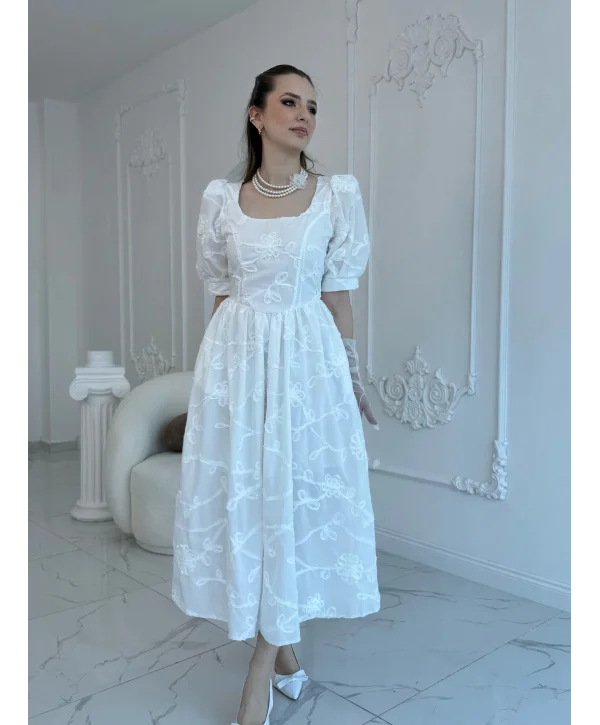 Balon Kollu Brode Elbise Ekru