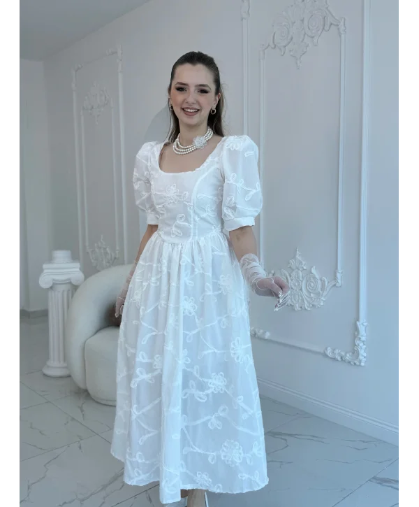 Balon Kollu Brode Elbise Ekru