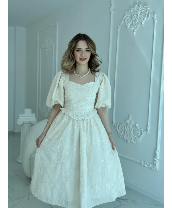 Balon Kollu Dantelli Brode Bej ELBİSE