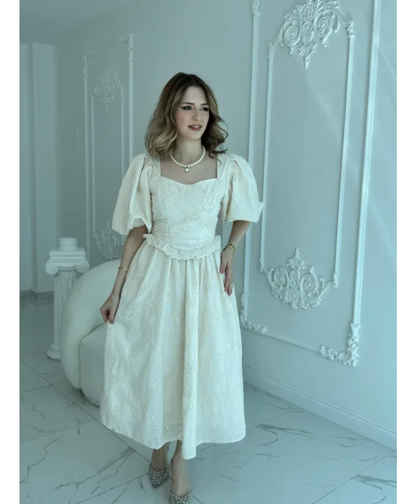 Balon Kollu Dantelli Brode Bej ELBİSE