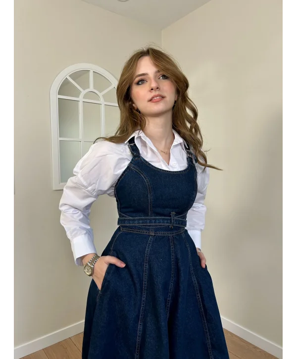 Bantlı Tasarım Midi Boy Kot Elbise