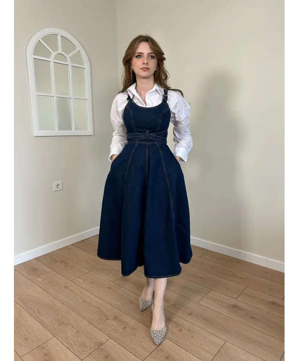 Bantlı Tasarım Midi Boy Kot Elbise