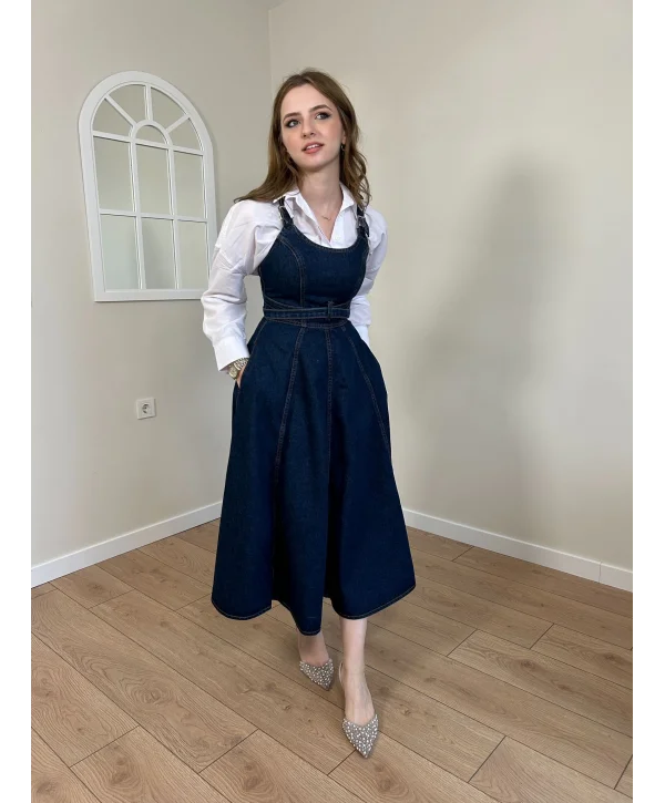 Bantlı Tasarım Midi Boy Kot Elbise