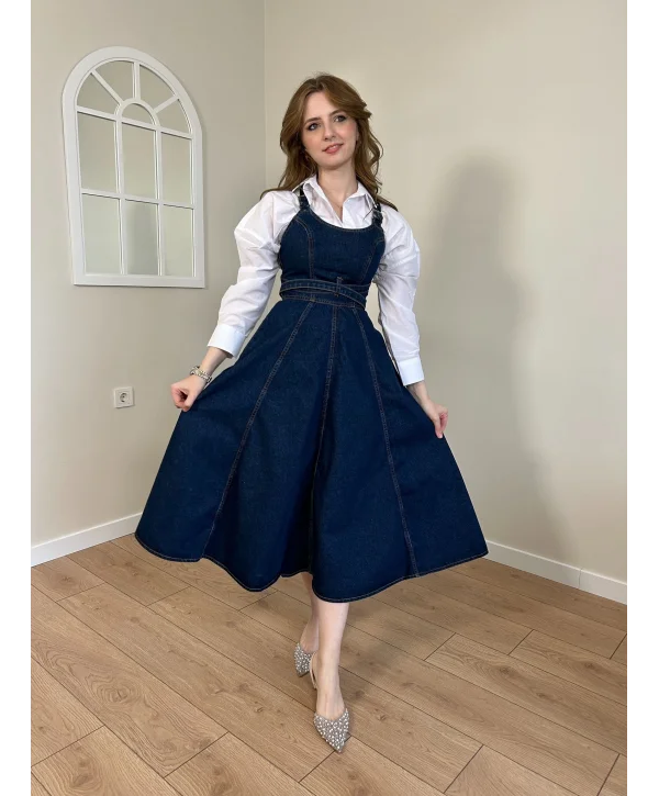 Bantlı Tasarım Midi Boy Kot Elbise