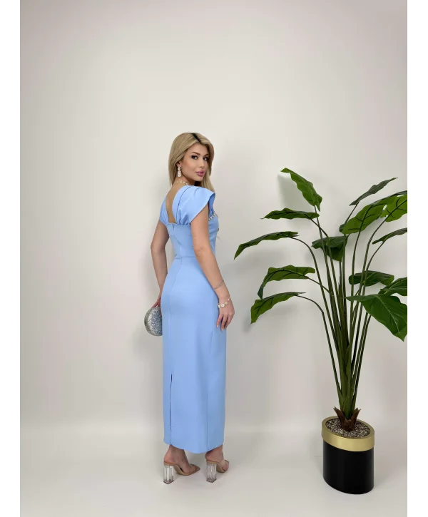 Bebe Mavi Maxi boy yaka taş detaylı uzun elbise