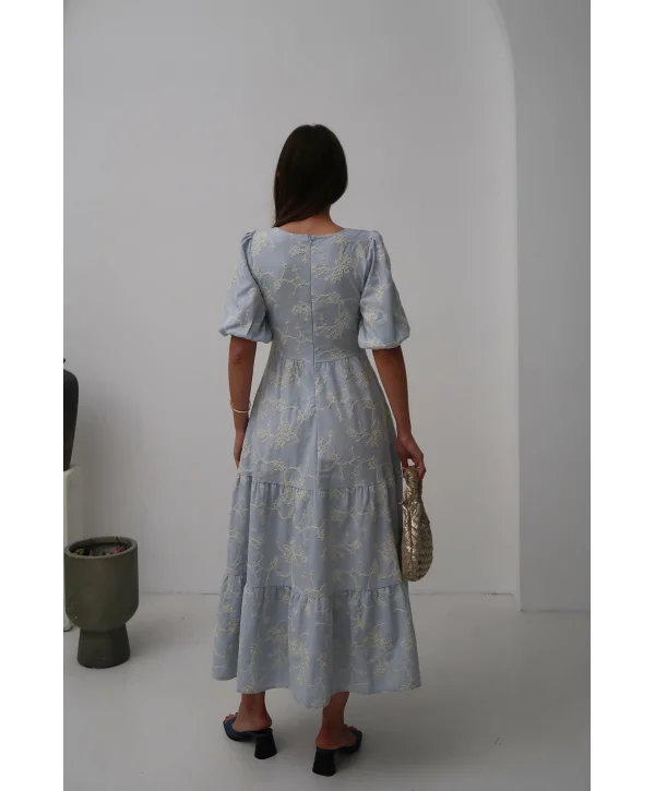 Bebe Mavi Süs Düğmeli Balon Kollu Brode Keten Elbise