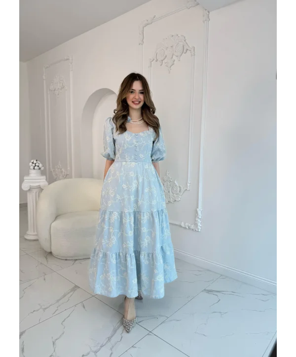 Bebe Mavi Süs Düğmeli Balon Kollu Brode Keten Elbise