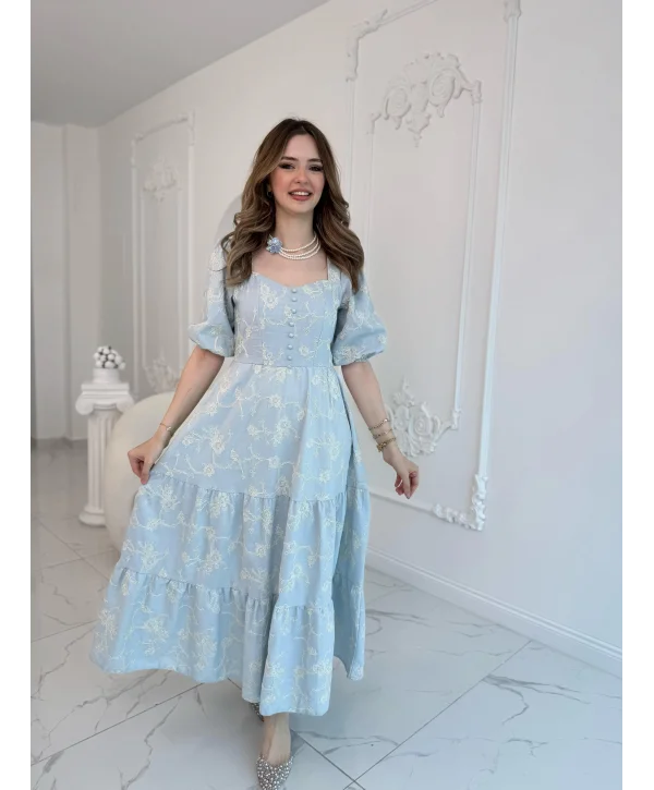 Bebe Mavi Süs Düğmeli Balon Kollu Brode Keten Elbise