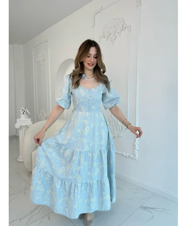 Bebe Mavi Süs Düğmeli Balon Kollu Brode Keten Elbise