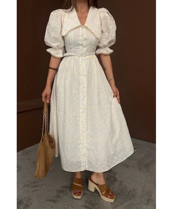 Sivri Bebe Yaka Balon Kollu Ekru Brode Elbise