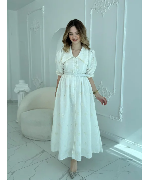 Sivri Bebe Yaka Balon Kollu Ekru Brode Elbise