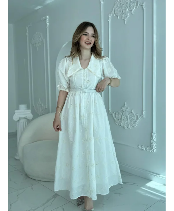 Sivri Bebe Yaka Balon Kollu Ekru Brode Elbise