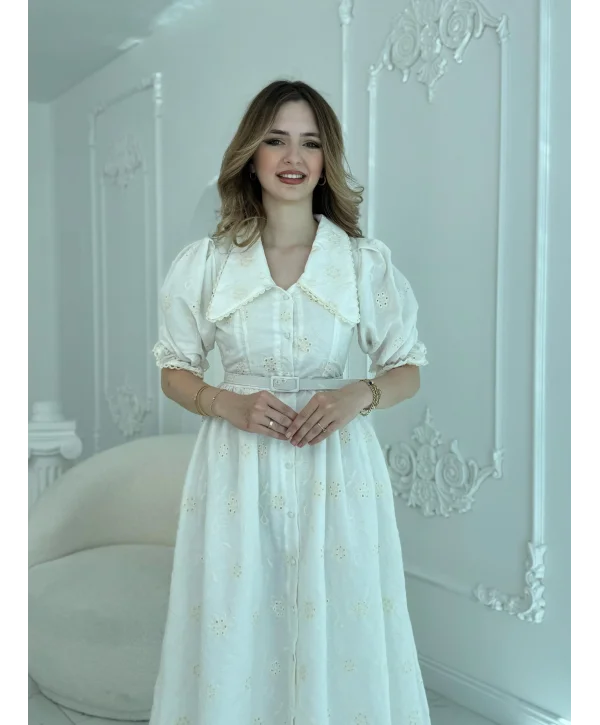 Sivri Bebe Yaka Balon Kollu Ekru Brode Elbise