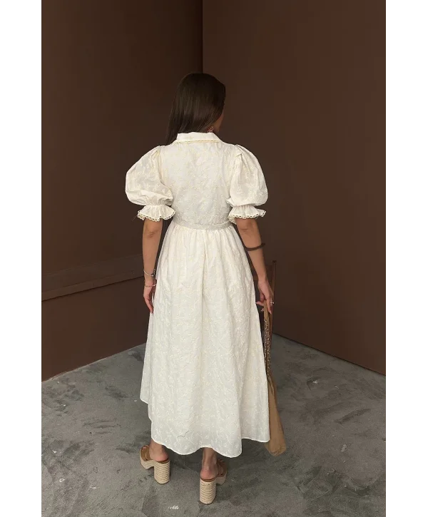 Sivri Bebe Yaka Balon Kollu Ekru Brode Elbise