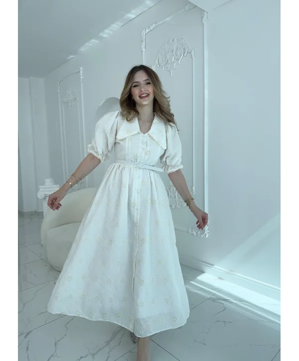 Sivri Bebe Yaka Balon Kollu Ekru Brode Elbise