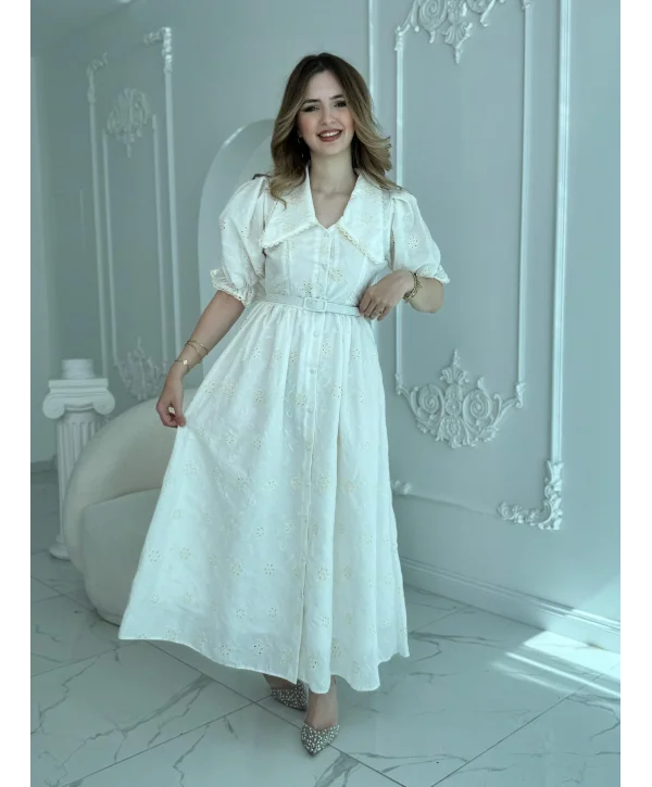 Sivri Bebe Yaka Balon Kollu Ekru Brode Elbise