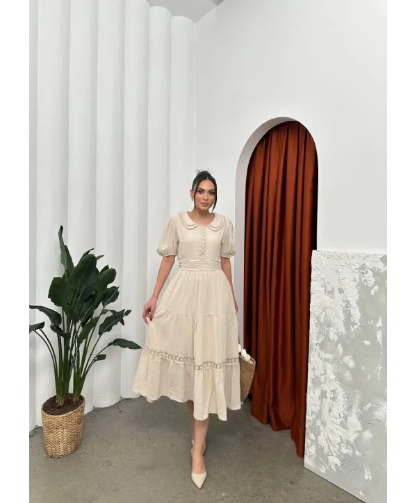 Bebe Yaka Müslin Kumaş Bej Elbise
