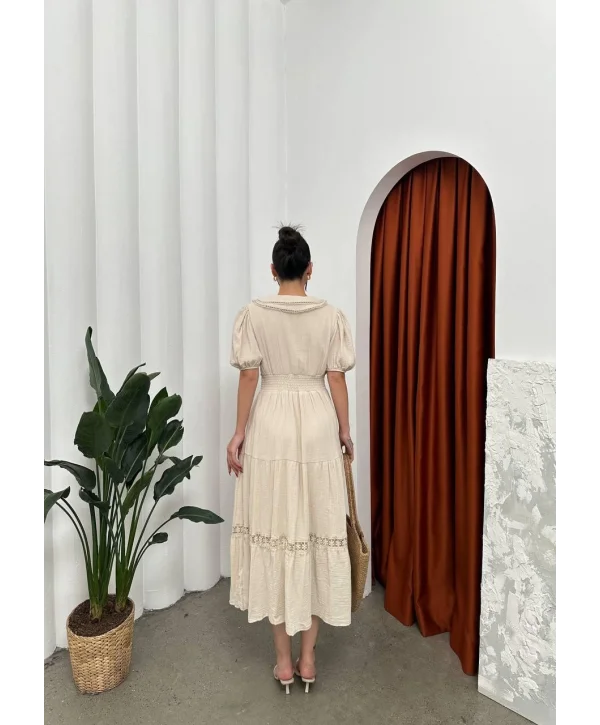 Bebe Yaka Müslin Kumaş Bej Elbise