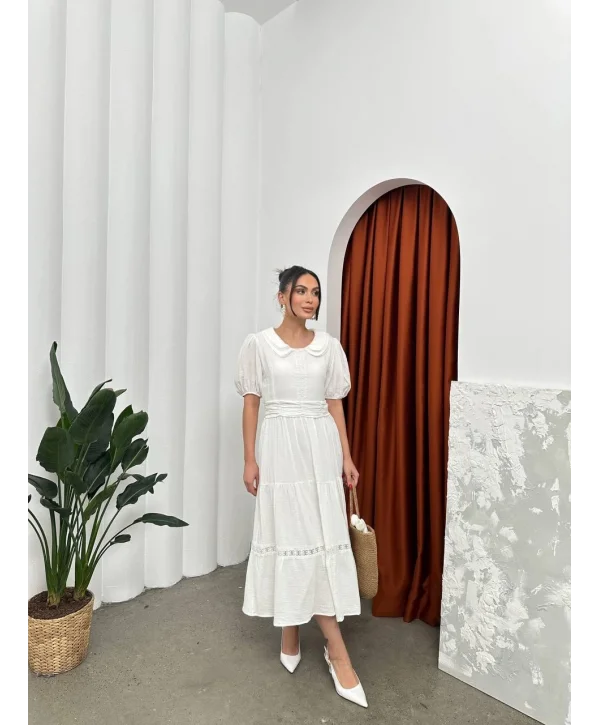 Bebe Yaka Müslin Kumaş Beyaz Elbise