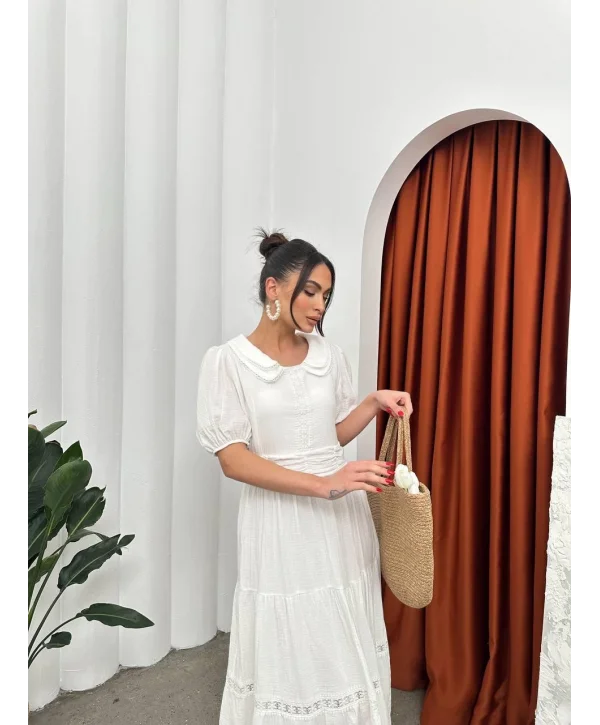 Bebe Yaka Müslin Kumaş Beyaz Elbise