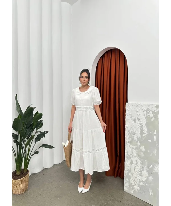 Bebe Yaka Müslin Kumaş Beyaz Elbise