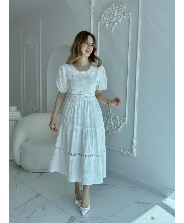 Bebe Yaka Müslin Kumaş Beyaz Elbise