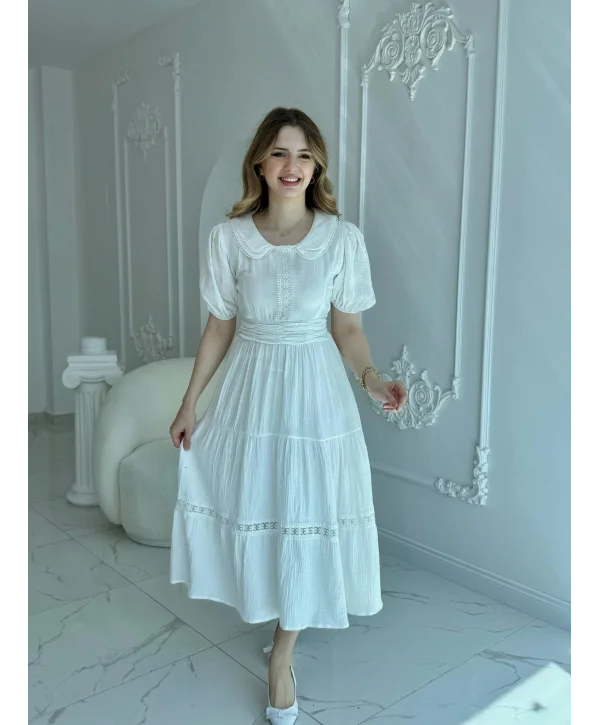 Bebe Yaka Müslin Kumaş Beyaz Elbise