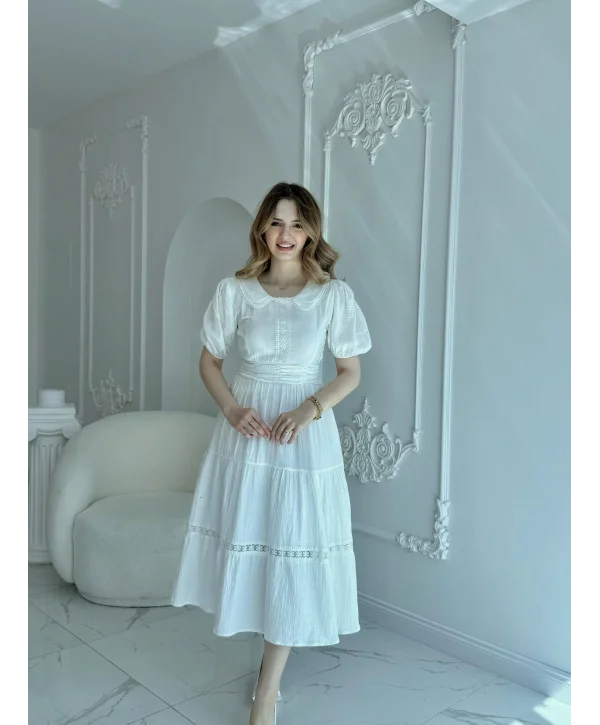 Bebe Yaka Müslin Kumaş Beyaz Elbise