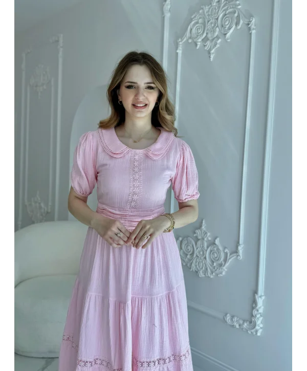 Bebe Yaka Müslin Kumaş Pembe Elbise