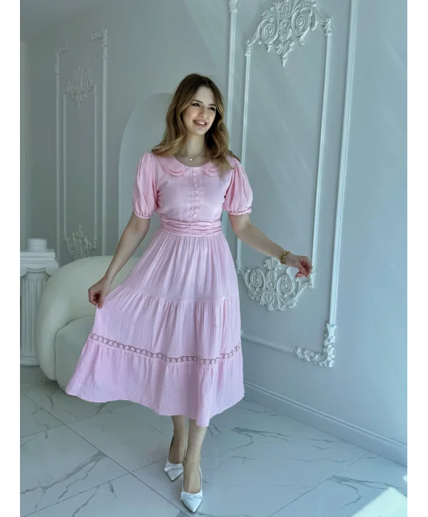 Bebe Yaka Müslin Kumaş Pembe Elbise