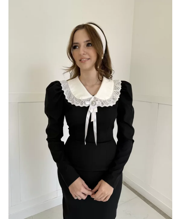 Bebe Yakalı Broş Detaylı vintage elbise