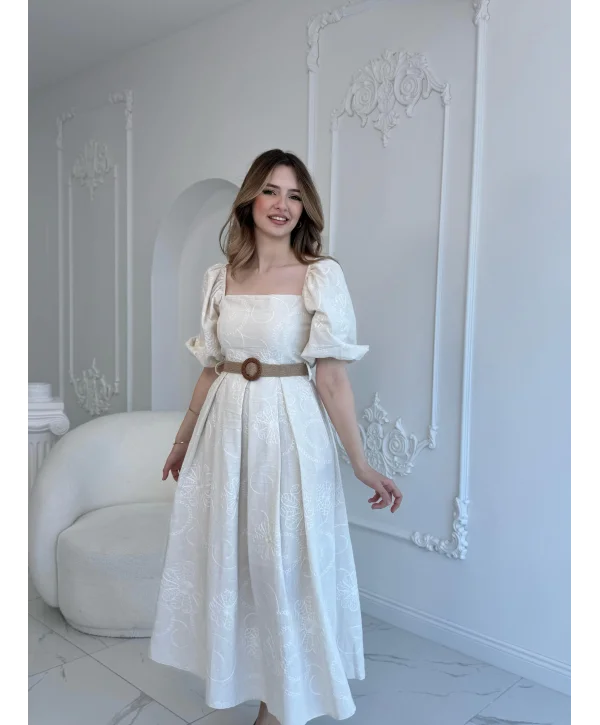 Bej Balon Kollu Hasır Kemerli Brode Elbise