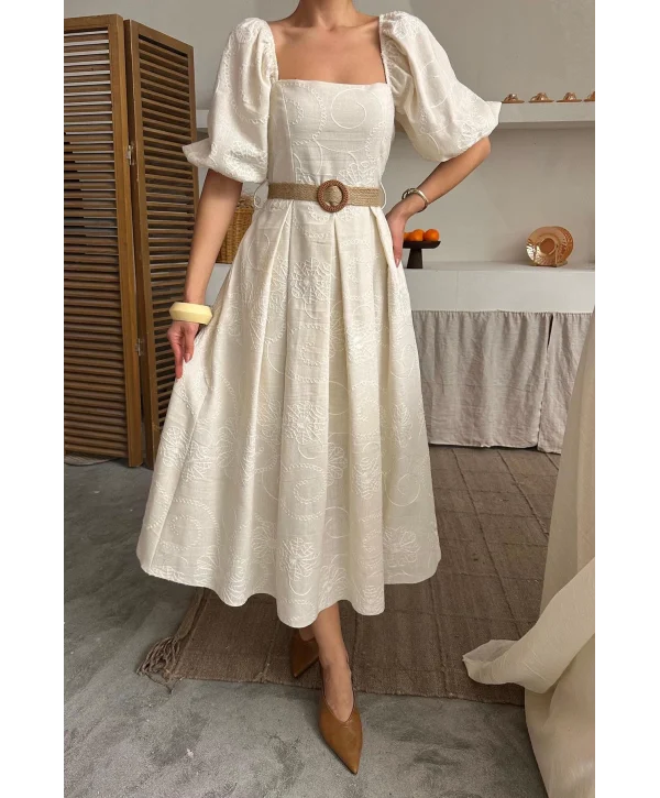 Bej Balon Kollu Hasır Kemerli Brode Elbise