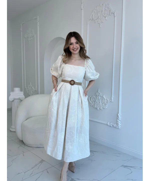 Bej Balon Kollu Hasır Kemerli Brode Elbise