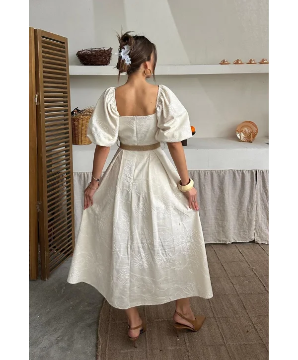 Bej Balon Kollu Hasır Kemerli Brode Elbise