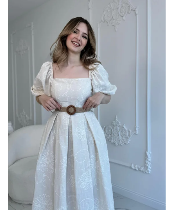 Bej Balon Kollu Hasır Kemerli Brode Elbise