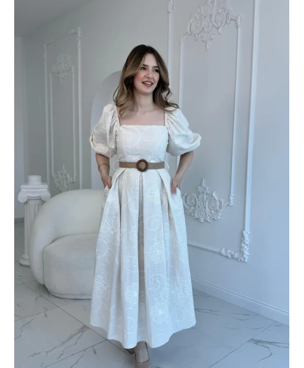 Bej Balon Kollu Hasır Kemerli Brode Elbise
