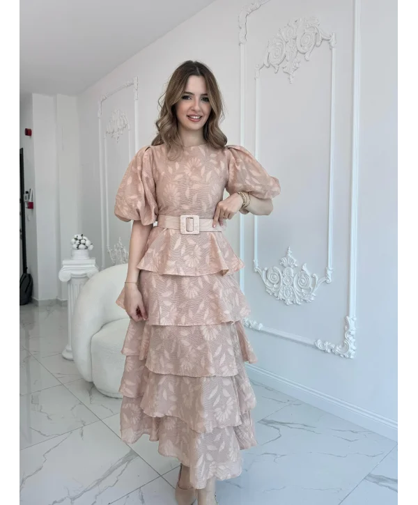 Bej Kat Kat Balon Kollu Kemerli Elbise