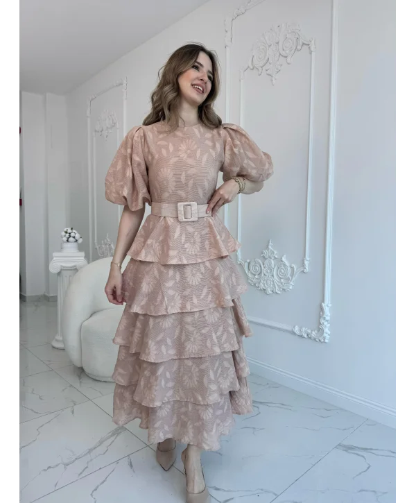 Bej Kat Kat Balon Kollu Kemerli Elbise