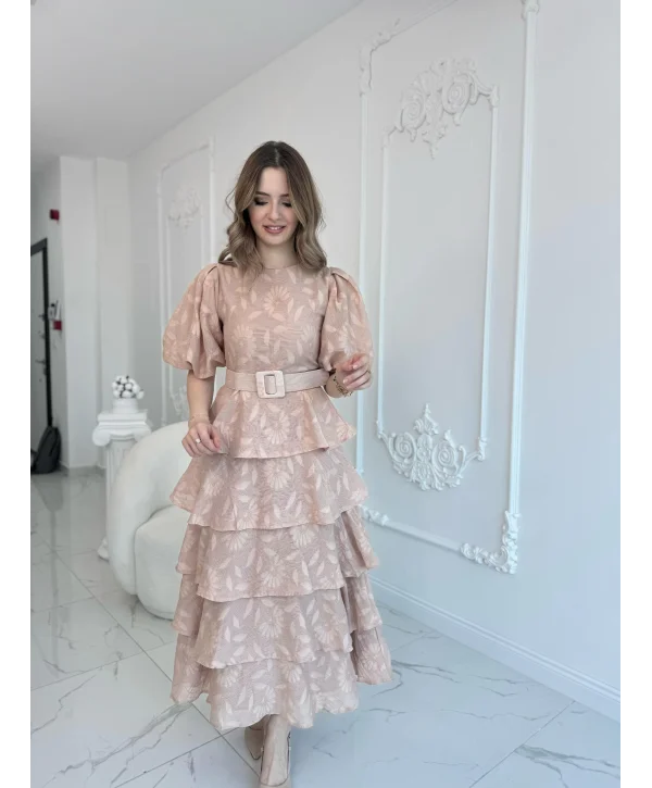 Bej Kat Kat Balon Kollu Kemerli Elbise