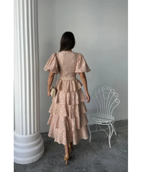 Bej Kat Kat Balon Kollu Kemerli Elbise