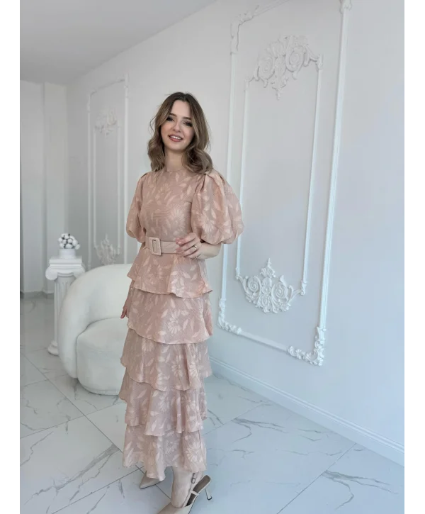 Bej Kat Kat Balon Kollu Kemerli Elbise