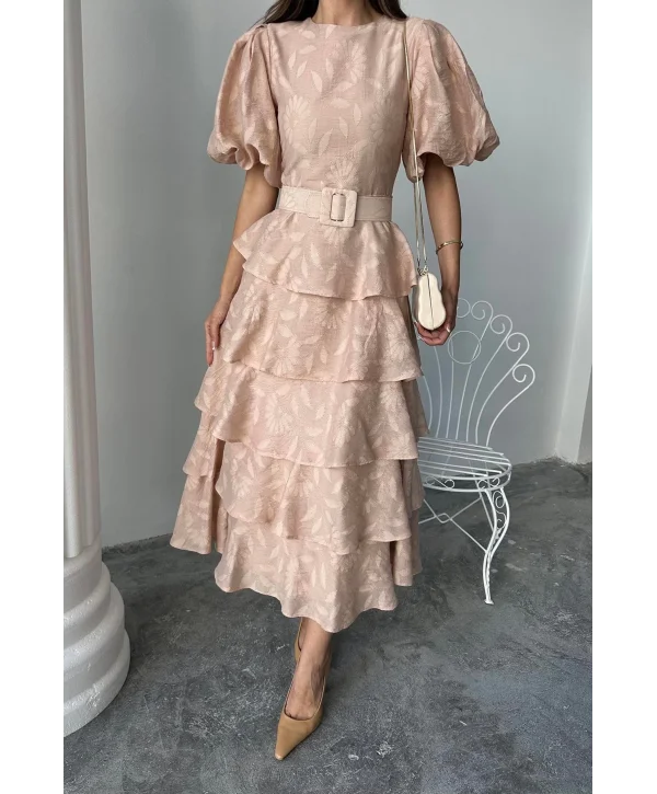 Bej Kat Kat Balon Kollu Kemerli Elbise