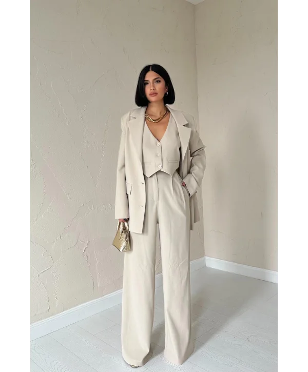 Bej Klas Ceket ve Yelek ve Pantolon Takım