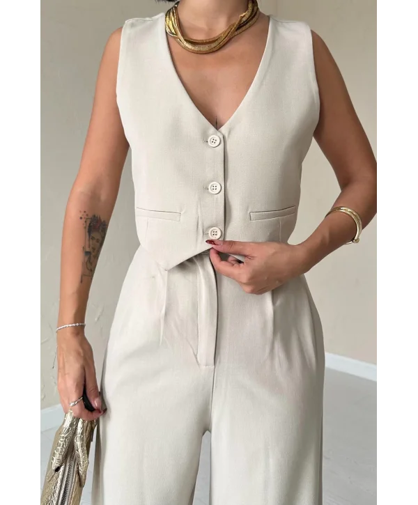 Bej Klas Ceket ve Yelek ve Pantolon Takım