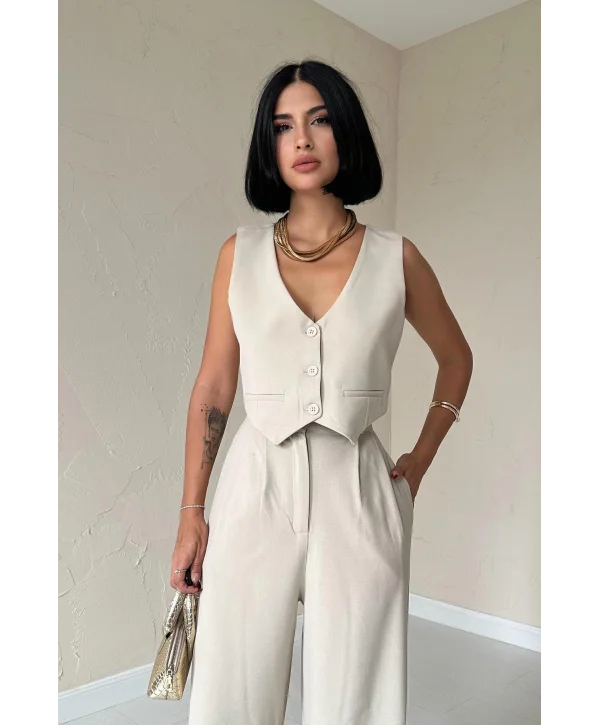 Bej Klas Ceket ve Yelek ve Pantolon Takım