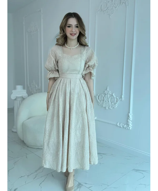 Bej Kolu Lastikli Brode Prenses Elbise