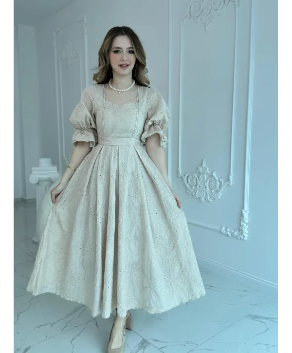 Bej Kolu Lastikli Brode Prenses Elbise