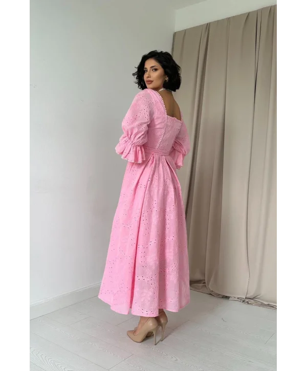 Bej Kolu Lastikli Brode Prenses Elbise